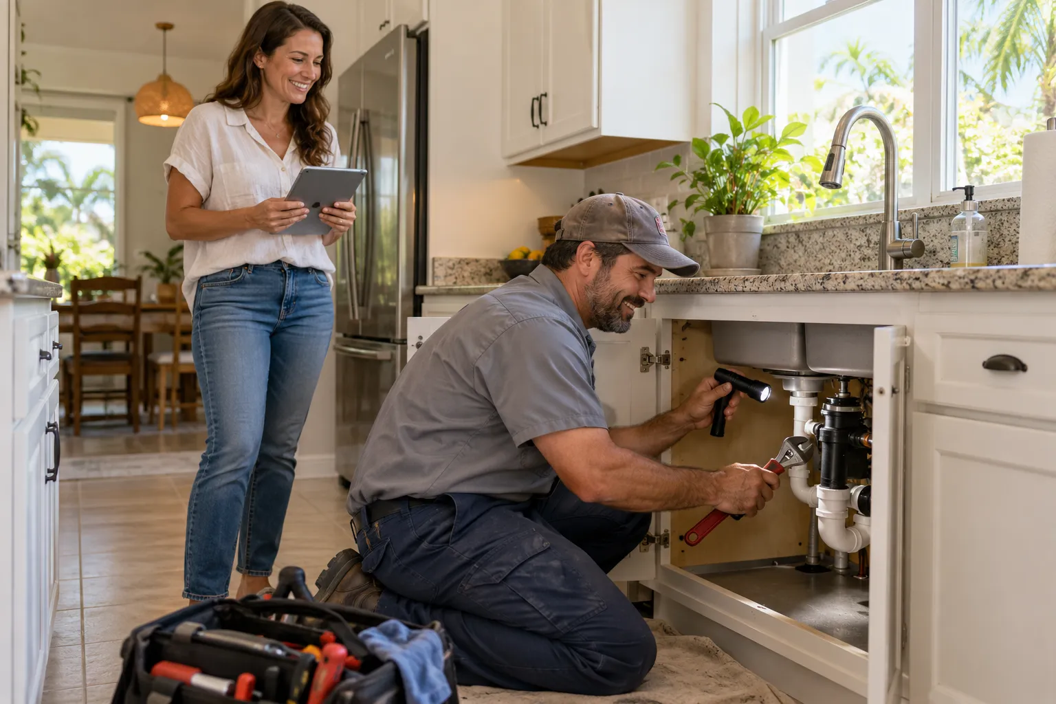 Friendly local plumber kneeling beside a kitchen sink cabinet checking a pipe for a Treasure Island homeowner