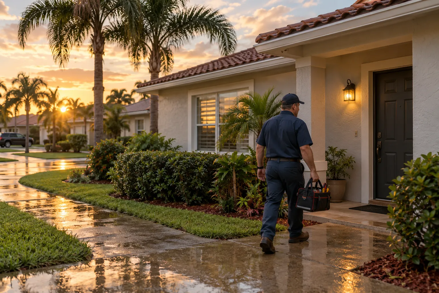 Typical single-story home with a tile roof in the Treasure Island area after a summer storm